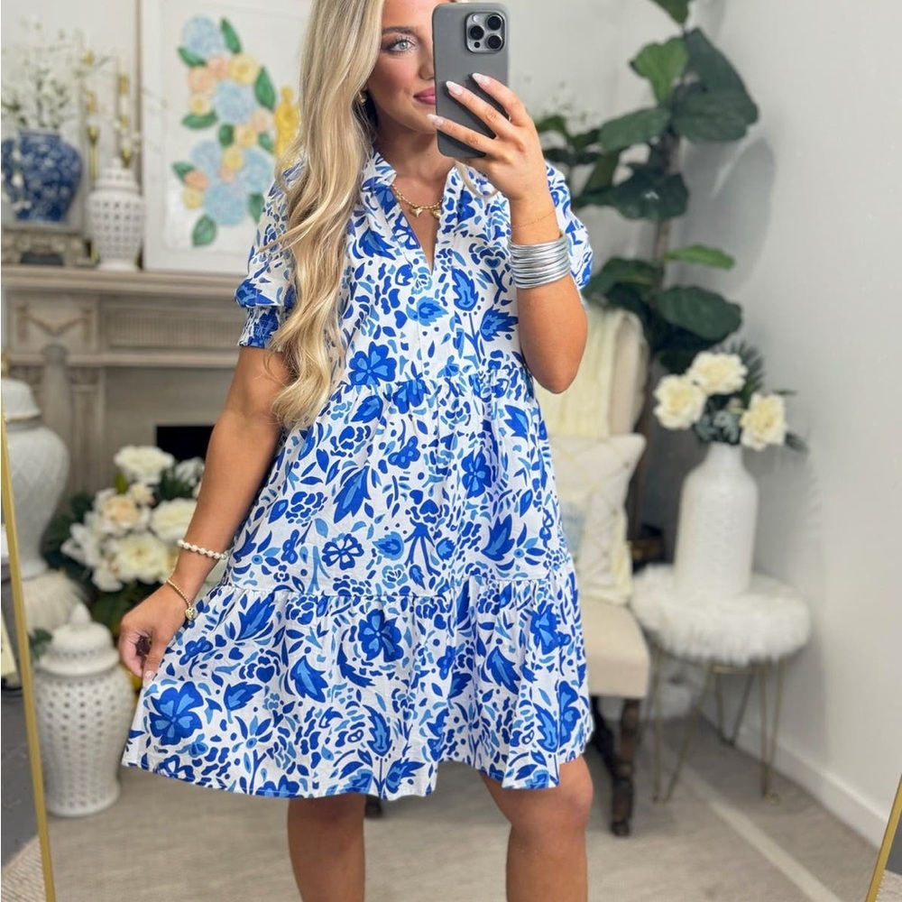 THML Blue and White Floral Midi Dress